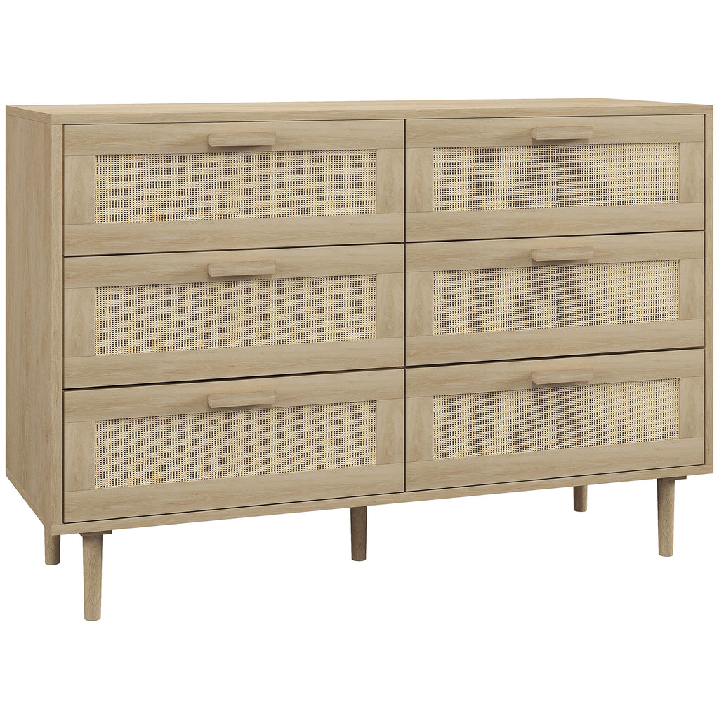 Commode 6 tiroirs meuble de rangement avec tissage en rotin dim. 110L x 40l x 75H cm Aspect Bois Clair-0