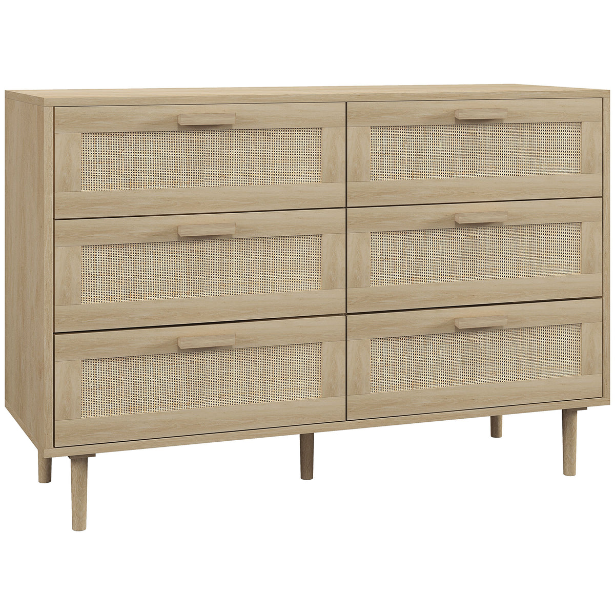 Commode 6 tiroirs meuble de rangement avec tissage en rotin dim. 110L x 40l x 75H cm Aspect Bois Clair-0