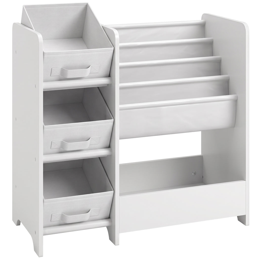 Meuble Rangement Enfant à 3 Niveaux avec 4 Porte-livres, 3 Bacs en Tissu et Compartiment, 64,5 x 30 x 66 cm, Blanc-0