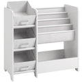 Meuble Rangement Enfant à 3 Niveaux avec 4 Porte-livres, 3 Bacs en Tissu et Compartiment, 64,5 x 30 x 66 cm, Blanc-0