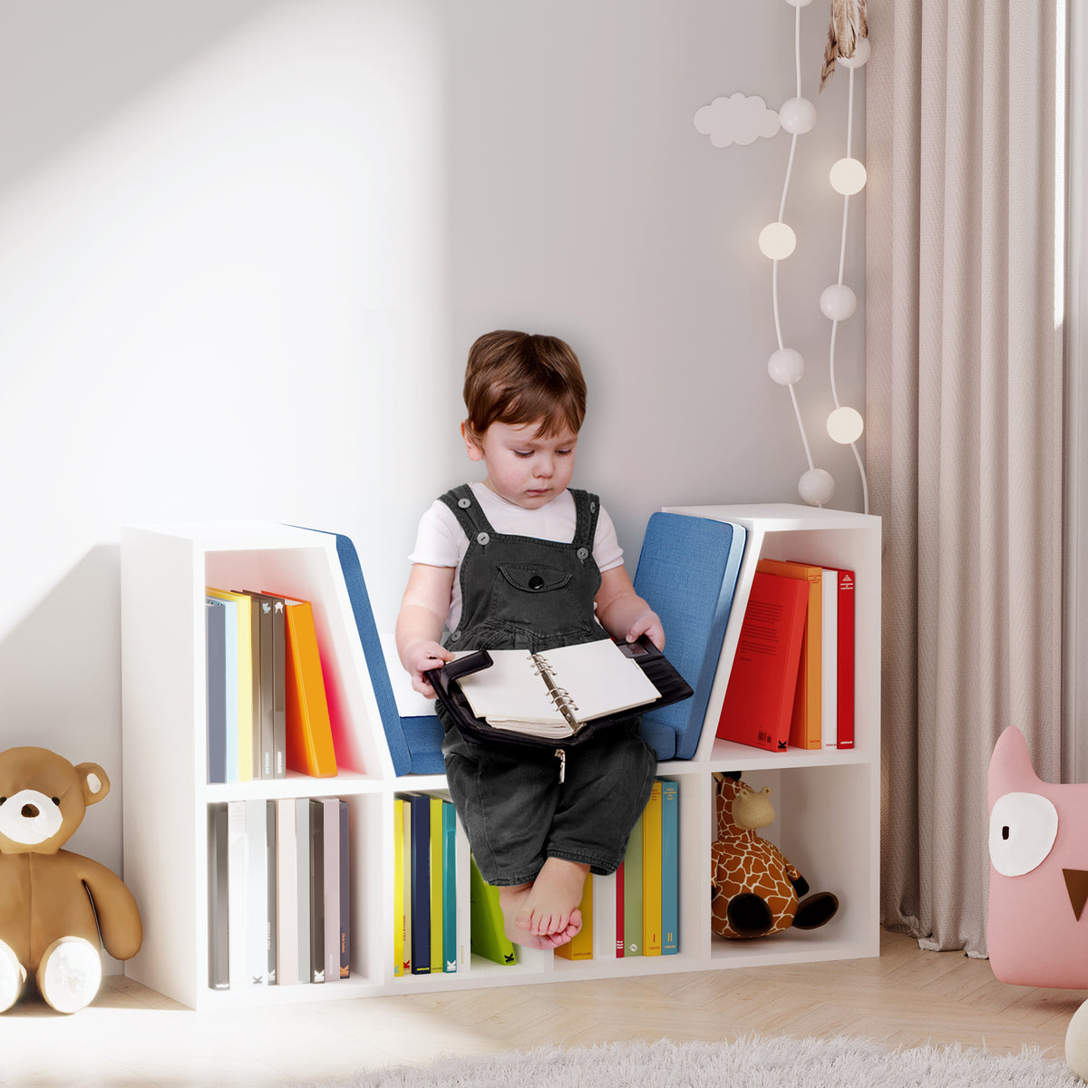 Bibliothèque banc 2 en 1 avec coussins de siège, étagère cube 6 compartiments ouverts et 2 niveaux, meuble de rangement pour salon, chambre à coucher, bureau, 102 x 30 x 61 cm, bleu-1