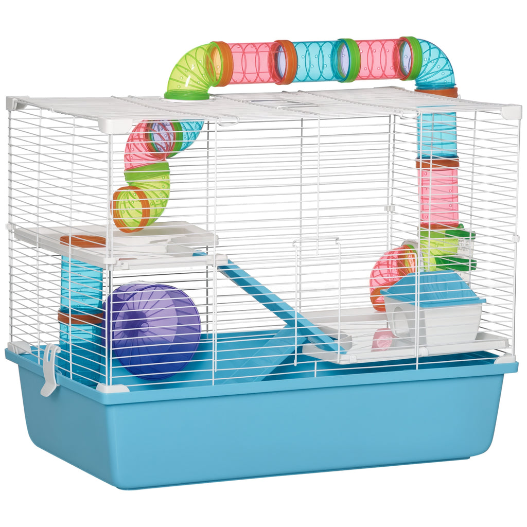 Cage à hamster rat rongeur 3 niveaux avec tunnel, biberon eau, roue, maisonnette, échelles dim. 59L x 36l x 47H cm-0