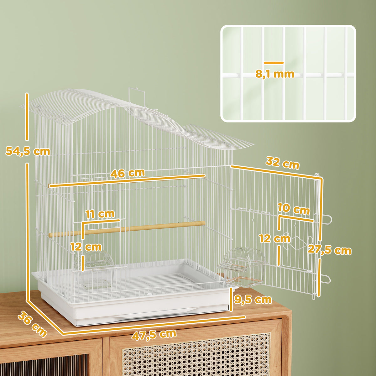 Cage à oiseau volière avec 4 portes, 2 perchoirs, plateau coulissant, pour inséparables perruches 4,7,5x36x54,5cm, blanc-2