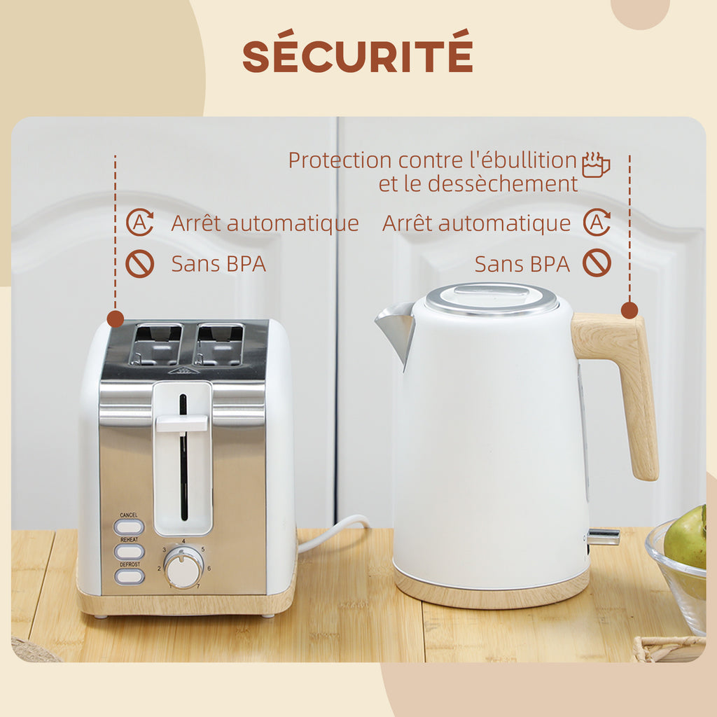 Ensemble bouilloire et grille-pain, 1,7L, 2200W, grille-pain 2 tranches avec 7 niveaux de brunissage, blanc-6