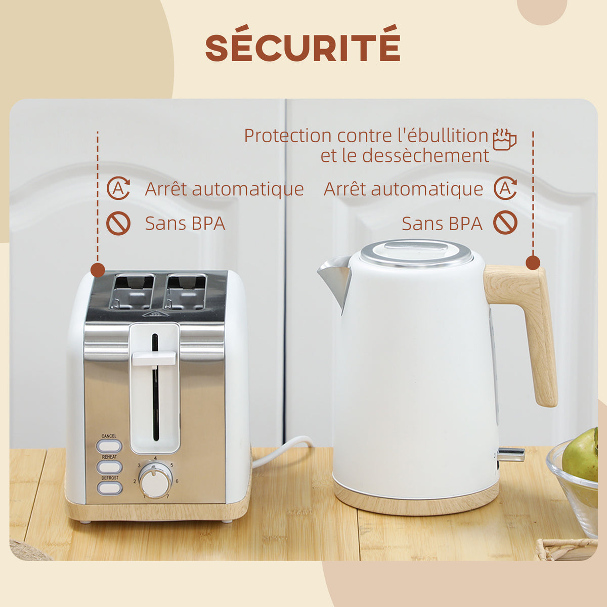 Ensemble bouilloire et grille-pain, 1,7L, 2200W, grille-pain 2 tranches avec 7 niveaux de brunissage, blanc-6