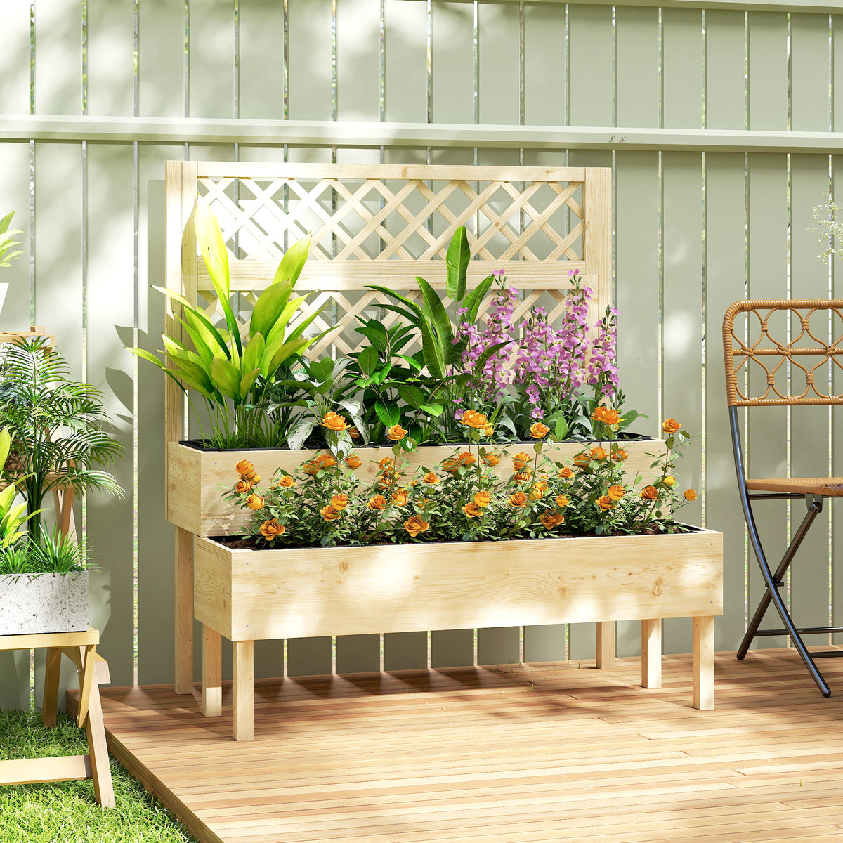 Jardinière à 2 Niveaux avec Treillis, bac à fleurs, avec tissu non tissé, 108 x 62 x 120 cm, effet bois naturelle-1