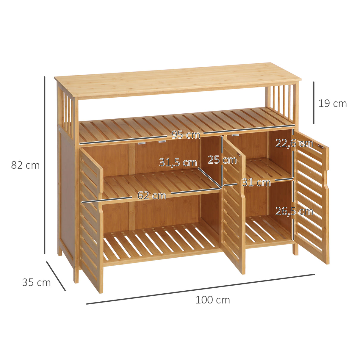 Buffet meuble de rangement 3 portes ajourées et étagères en bambou 100 x 35 x 82 cm naturel-2