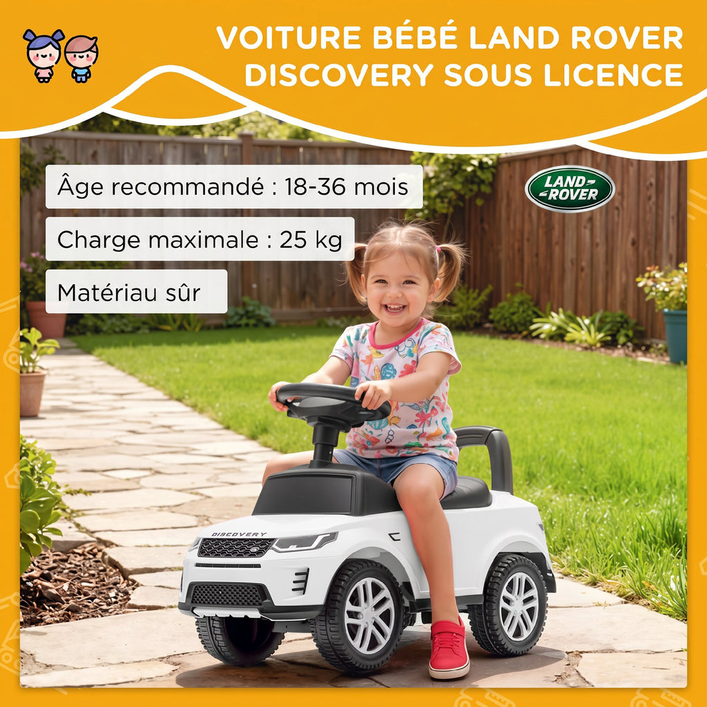 Porteur enfants voiture sous licence Land Rover, véhicule à pousser, klaxon, sons de moteur, rangement sous siège, blanc-3