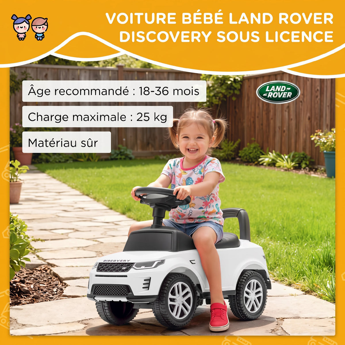 Porteur enfants voiture sous licence Land Rover, véhicule à pousser, klaxon, sons de moteur, rangement sous siège, blanc-3