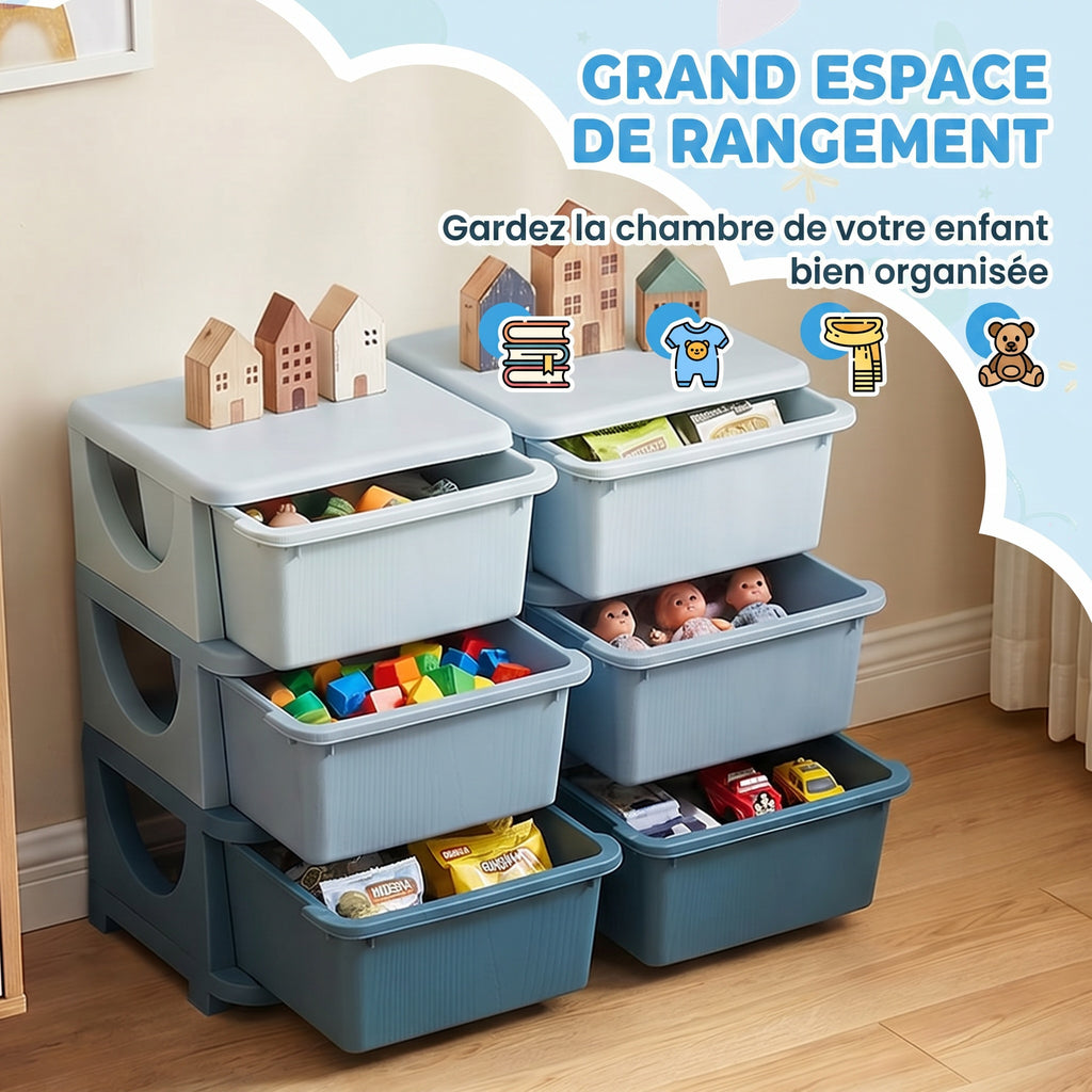 Organisateur de jouets pour enfants à 3 niveaux avec 6 tiroirs, boîtes de rangement en plastique, 75x37x56,5cm, bleu-3