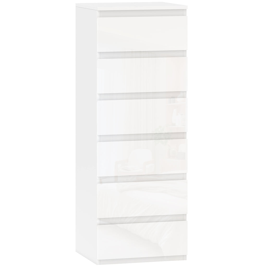 Commode 6 tiroirs à haute brillance, meuble de rangement étroit sans poignées, 40 x 35 x 109 cm, blanc-0