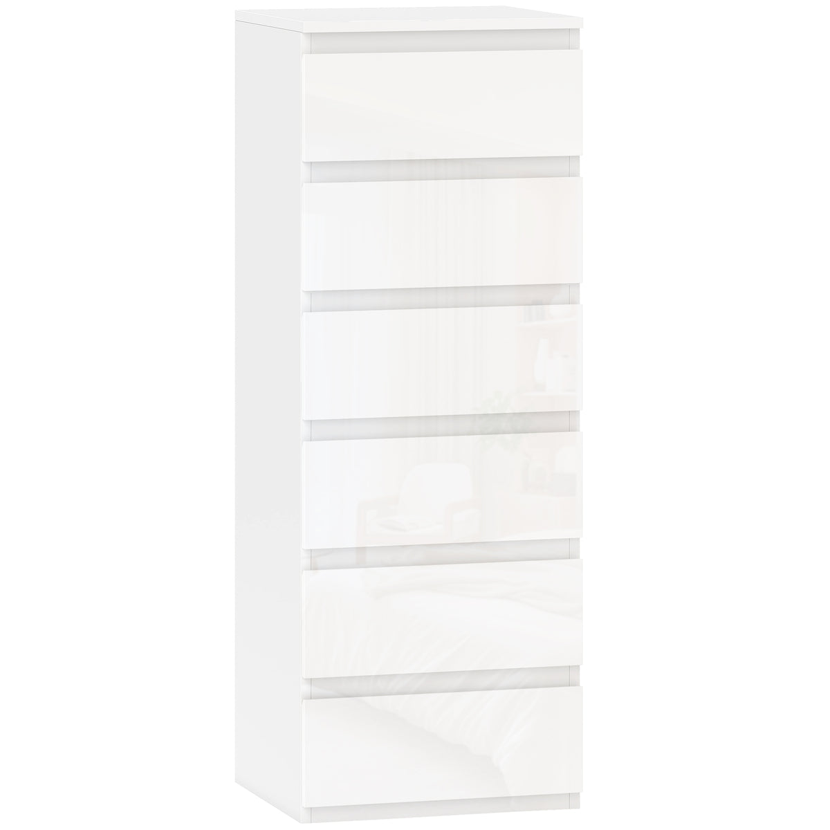 Commode 6 tiroirs à haute brillance, meuble de rangement étroit sans poignées, 40 x 35 x 109 cm, blanc-0
