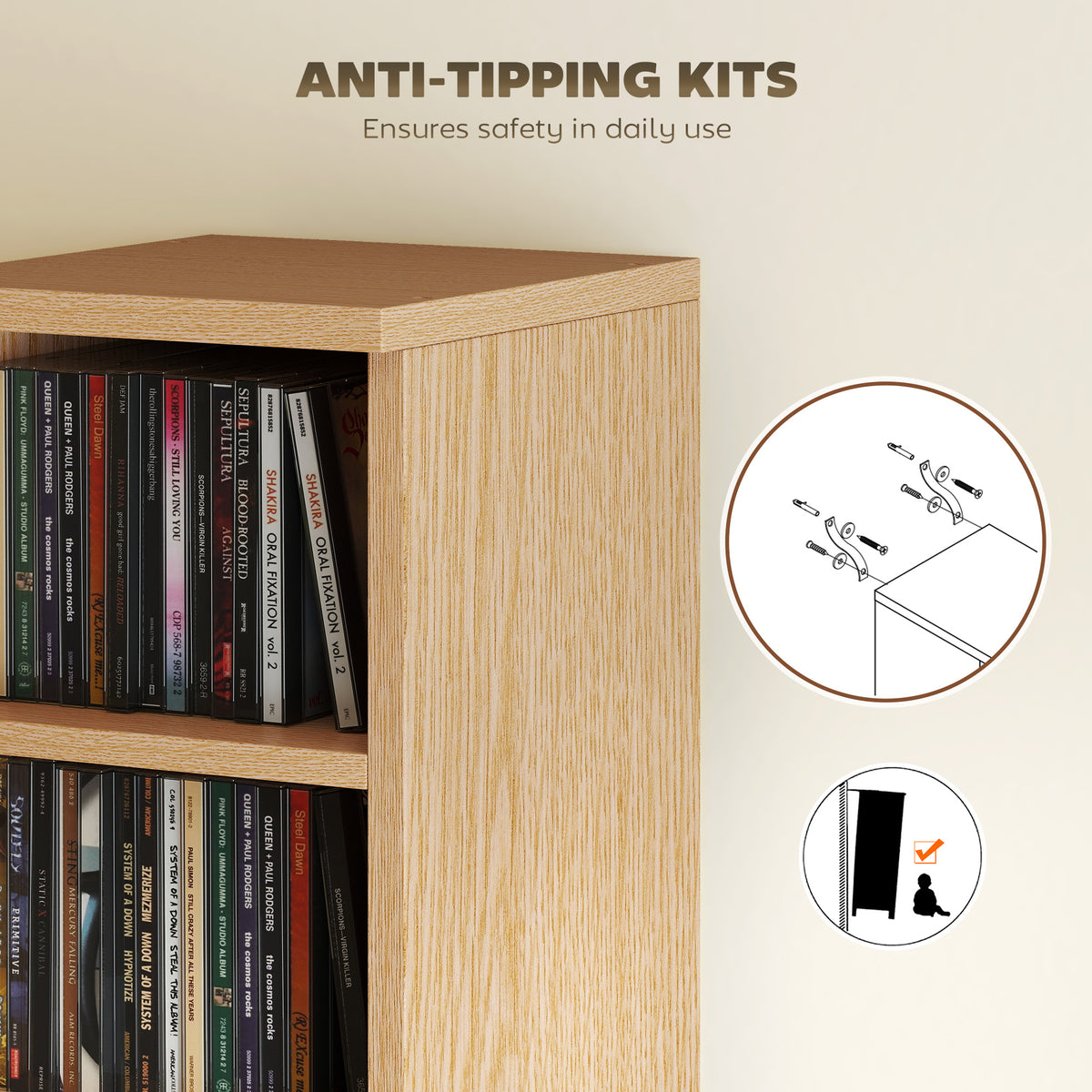 Lot de 2 étagères colonnes armoire de rangement CD-DVD 12 compartiments 21 x 22,5 x 88,5 cm capacité 204 CD bois naturel-6