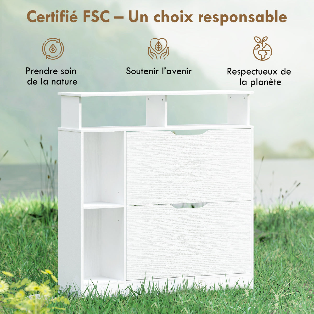 Meuble à chaussures, armoire à chaussures, 2 tiroirs rabattables, compartiments ouverts et étagère réglable, blanc-7