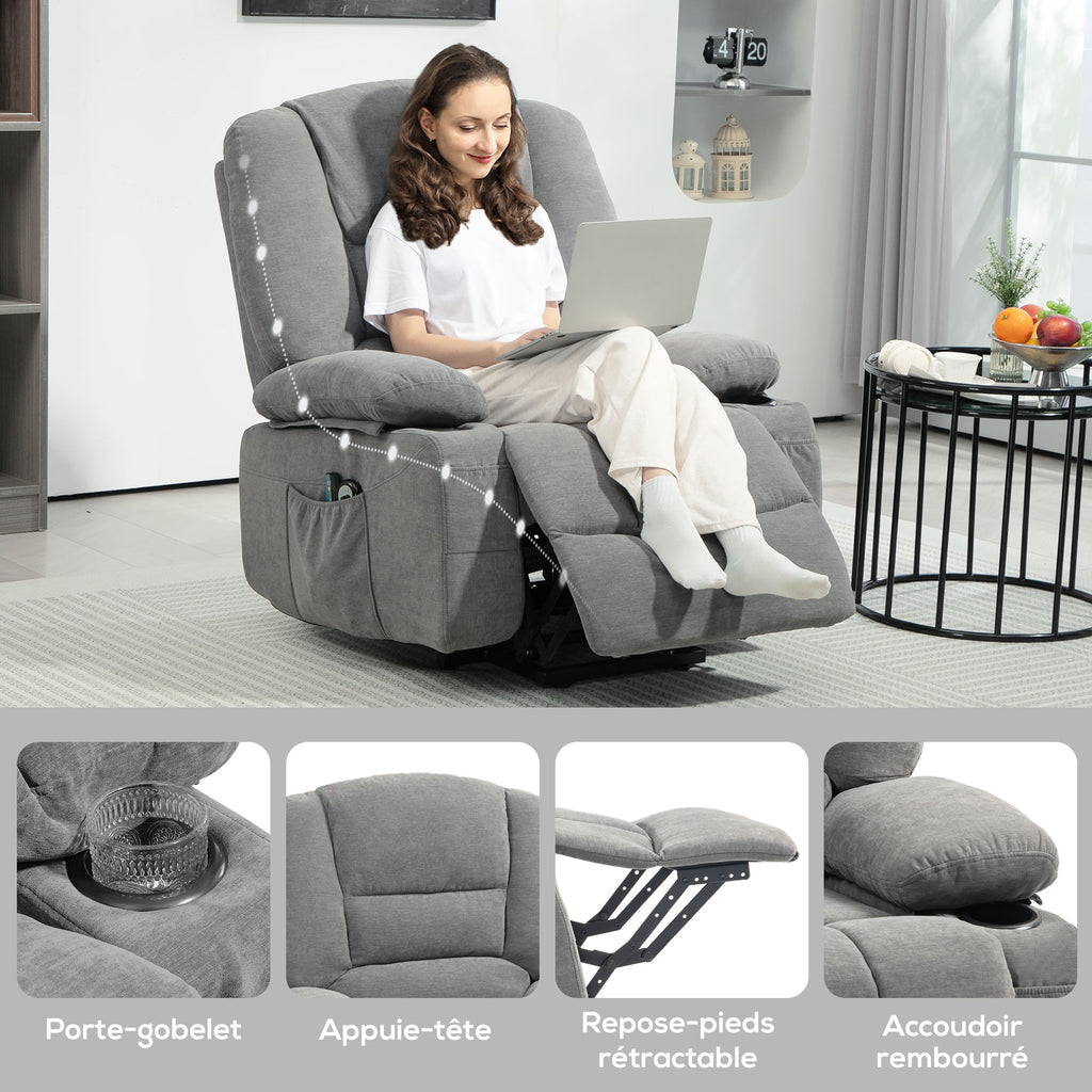 Fauteuil releveur relax électrique, fonction massage et chaleur, inclinaison réglable, repose-pied, télécommandes, gris-8