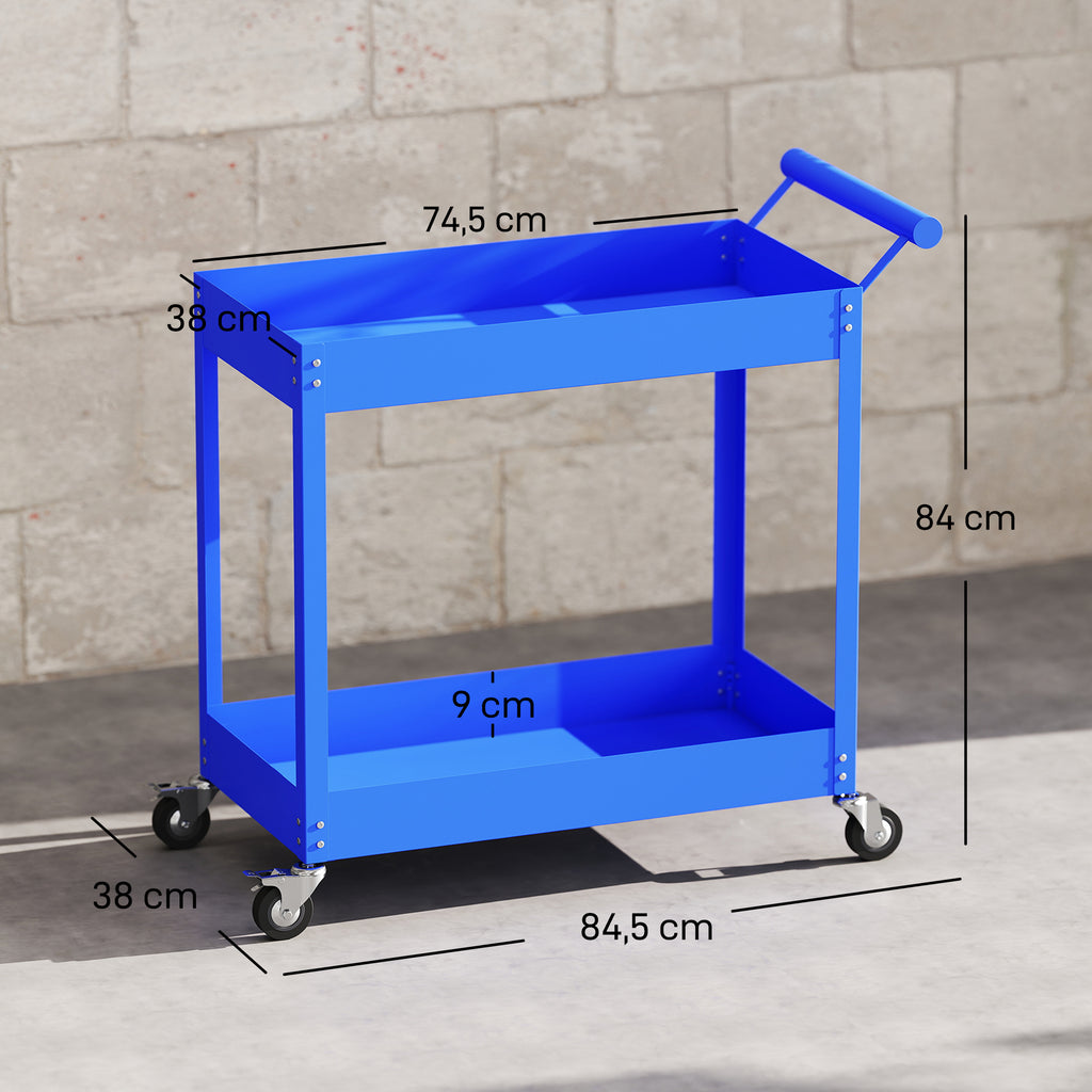 Chariot d'atelier servante atelier à 2 niveaux, poignée latérale et roulettes verrouillables, 84,5x38x84cm, bleu-2