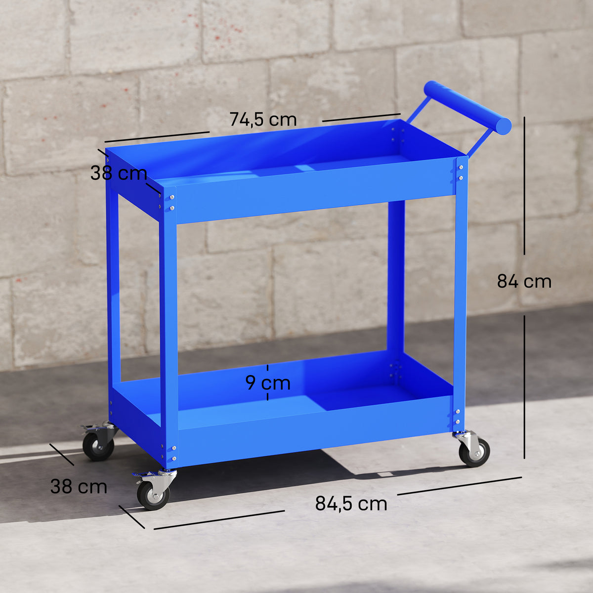 Chariot d'atelier servante atelier à 2 niveaux, poignée latérale et roulettes verrouillables, 84,5x38x84cm, bleu-2