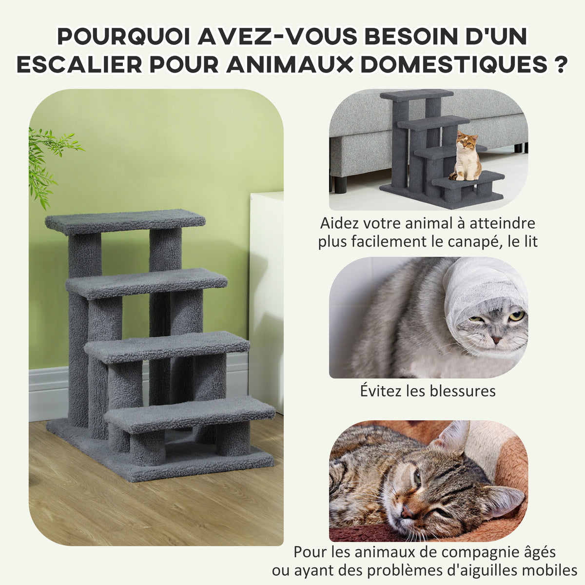 Escalier pour animaux de compagnie avec 4 marches revêtement effet laine bouclée 61 x 41 x 60 cm gris-4