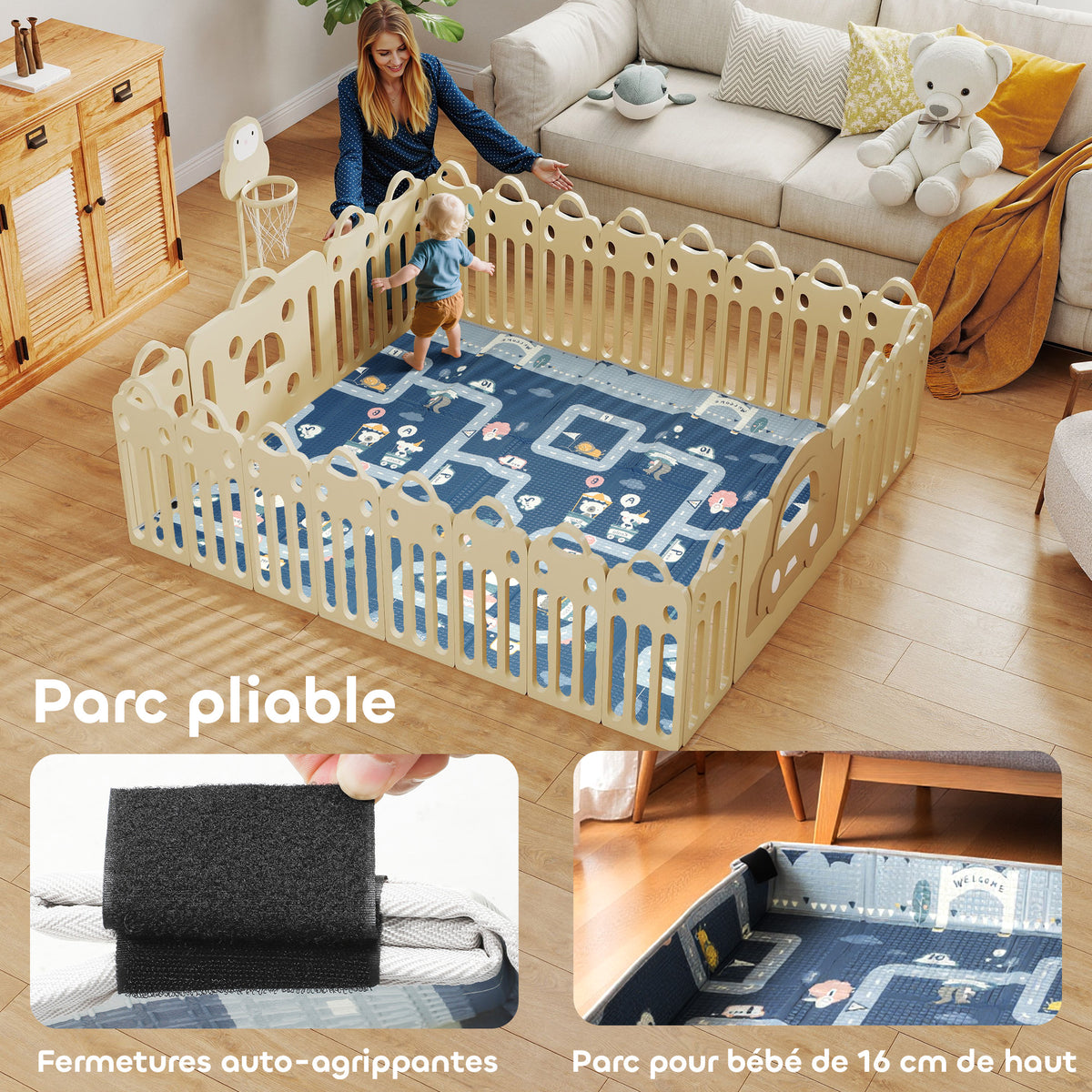 Tapis de jeu pour bébé pliable et réversible, tapis de sol en mousse épais, 202 x 180,5 x 1 cm, multicolore-3