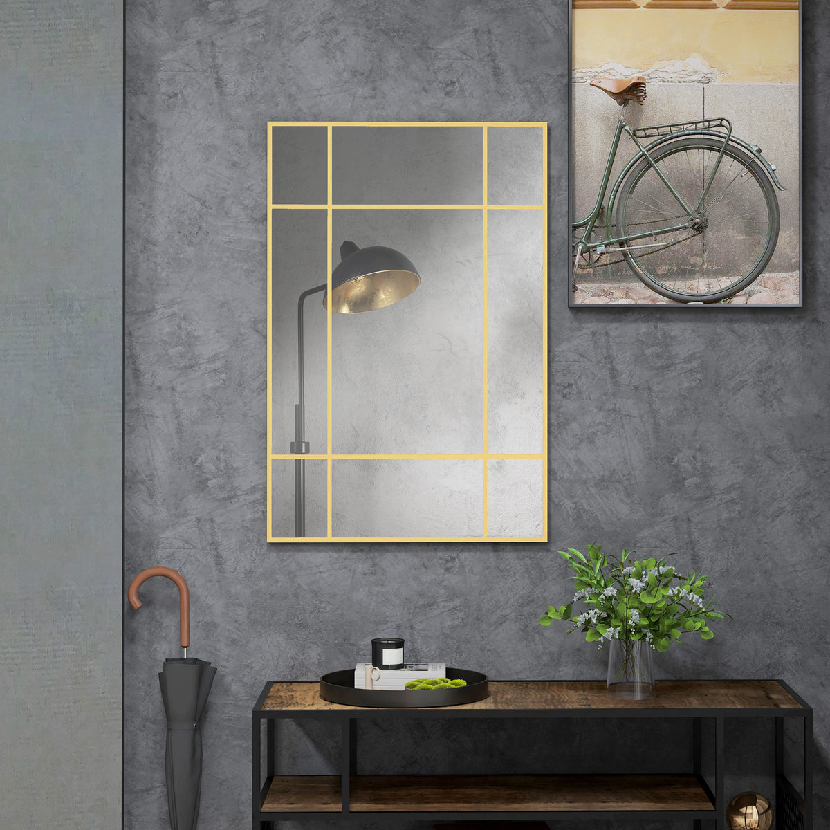 Miroir mural verrière rectangulaire style fenêtre, horizontal ou vertical avec 4 crochets, en métal doré - 90x60 cm-1