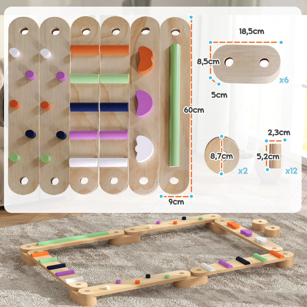 Poutre d'équilibre en bois pour enfants 3-8 ans avec pierres d'obstacle colorées, intérieur et extérieur-2