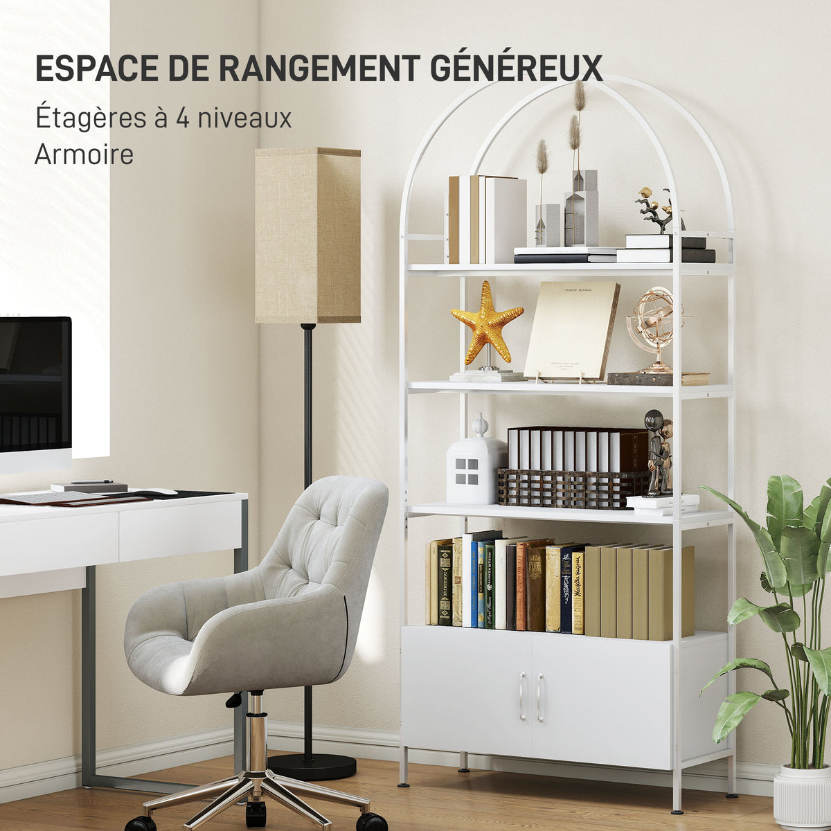 Étagère de rangement, bibliothèque arquée à 4 niveaux avec placard double porte, 80 x 30 x 187 cm, blanc-3