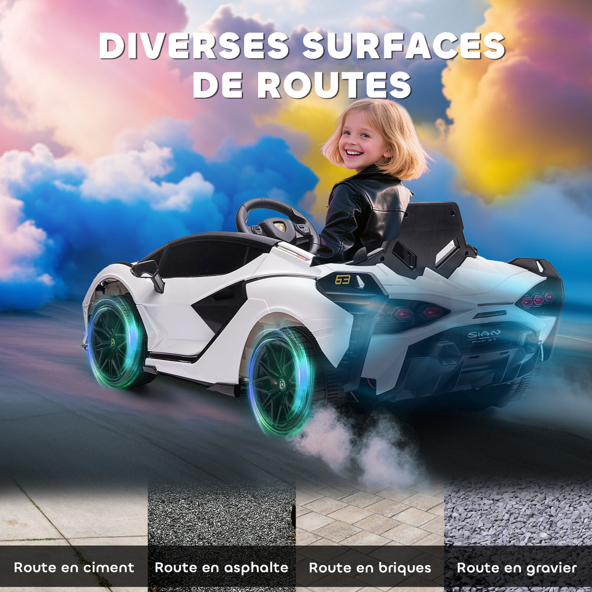 Voiture électrique Enfants de Sport Véhicule électrique Lamborghini Sian 12 V - V. Max. 5 Km/h avec Télécommande 2,4G Effets sonores + Lumineux Blanc-6