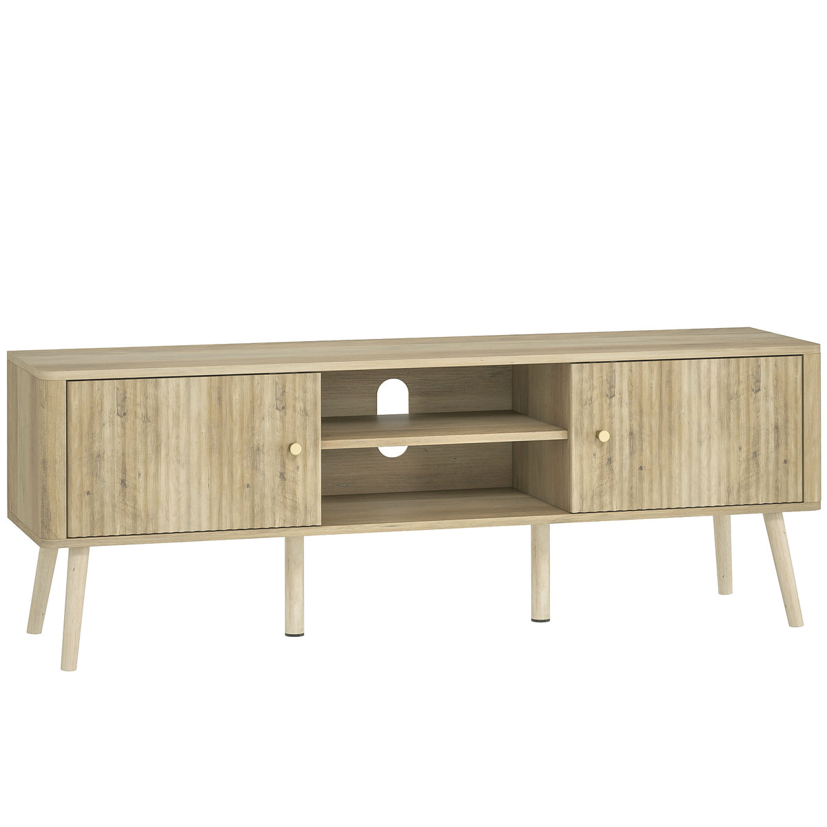 Meuble TV, meuble télé jusqu'à 65 pouces avec 2 portes, 2 compartiments ouverts, étagère réglable, 140x35x49cm, chêne-0