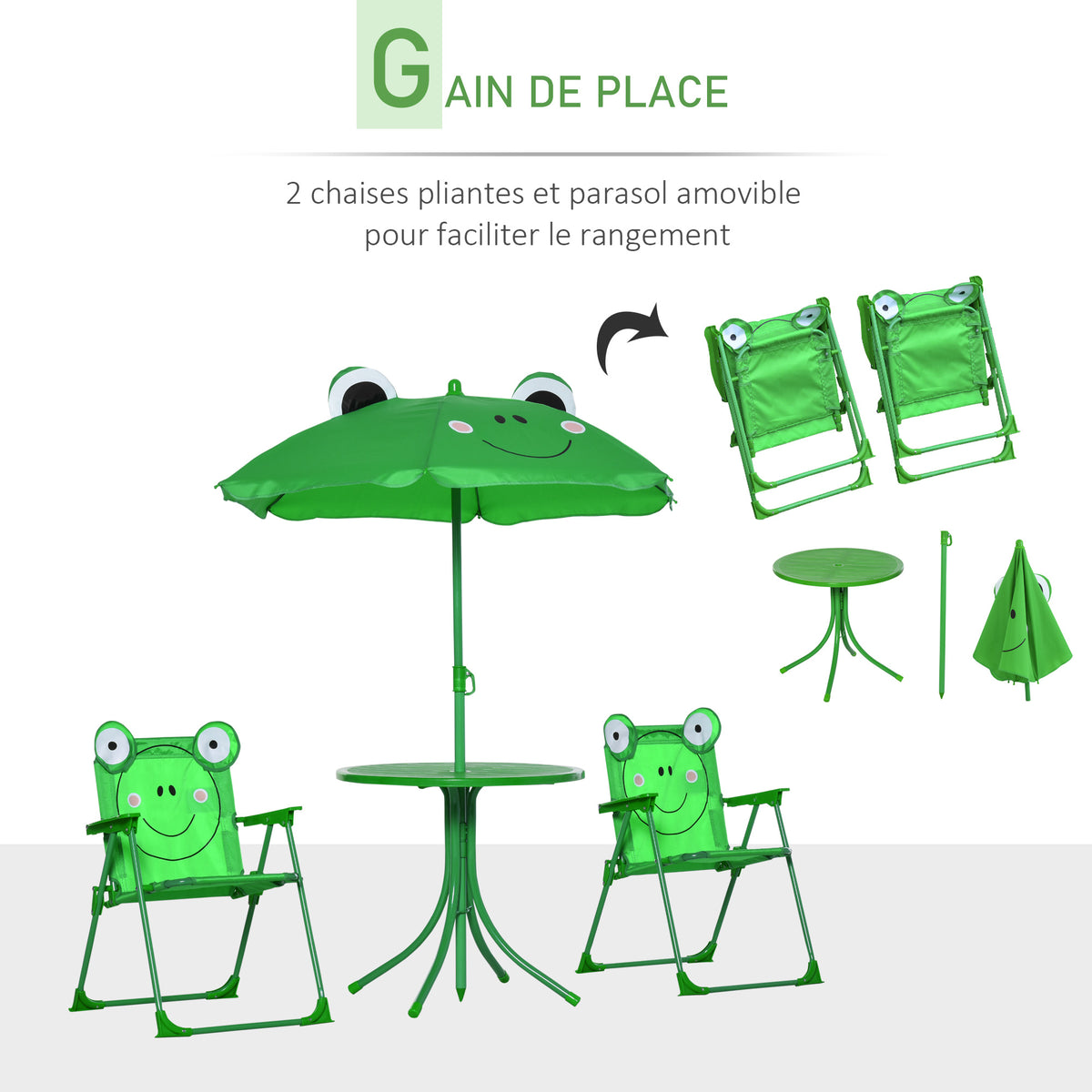 Ensemble Salon de Jardin Enfant 4 pcs Design Grenouille - Table Ronde + 2 chaises Pliables + Parasol - métal époxy Oxford Vert-4
