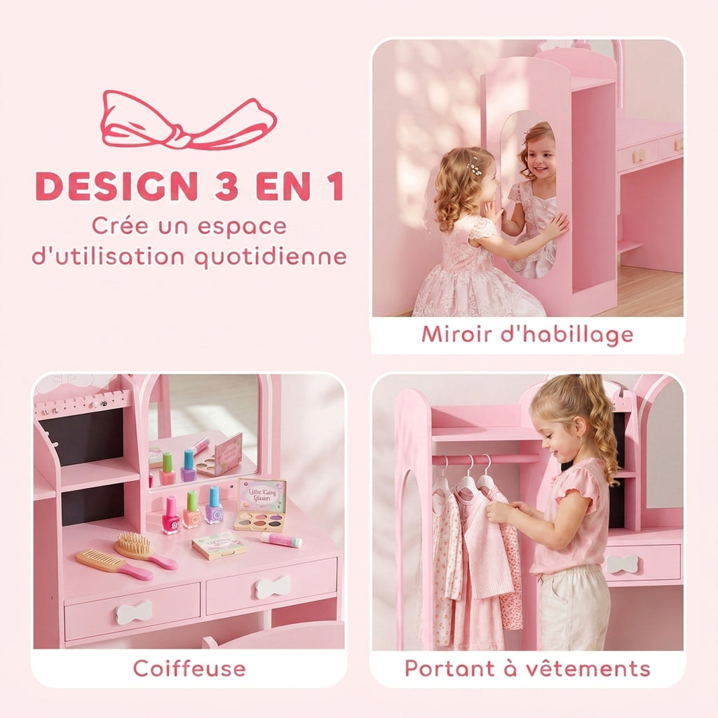 Coiffeuse pour Enfants avec Tabouret et Miroir Lumineux à 2 Couleurs en Acrylique, Coiffeuse Bureau Fille 3-8 Ans, Rose-3