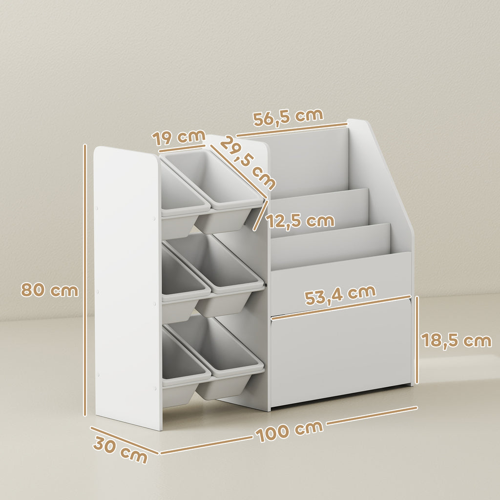 Meuble rangement enfant rangement jouet enfant 6 bacs amovibles et grand coffre à roulettes 100 x 30 x 80 cm blanc-2