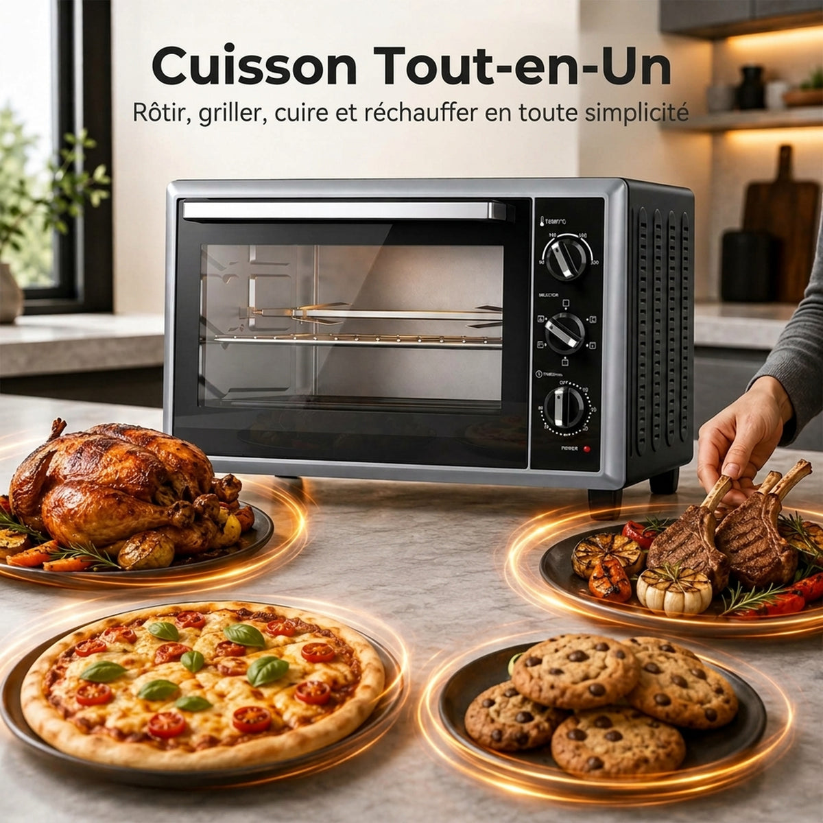 Mini-Four Électrique avec Broche Rotative 32L 1500W, Four à Convection Multifonction, Chaleur Tournante, Minuterie, Noir-3