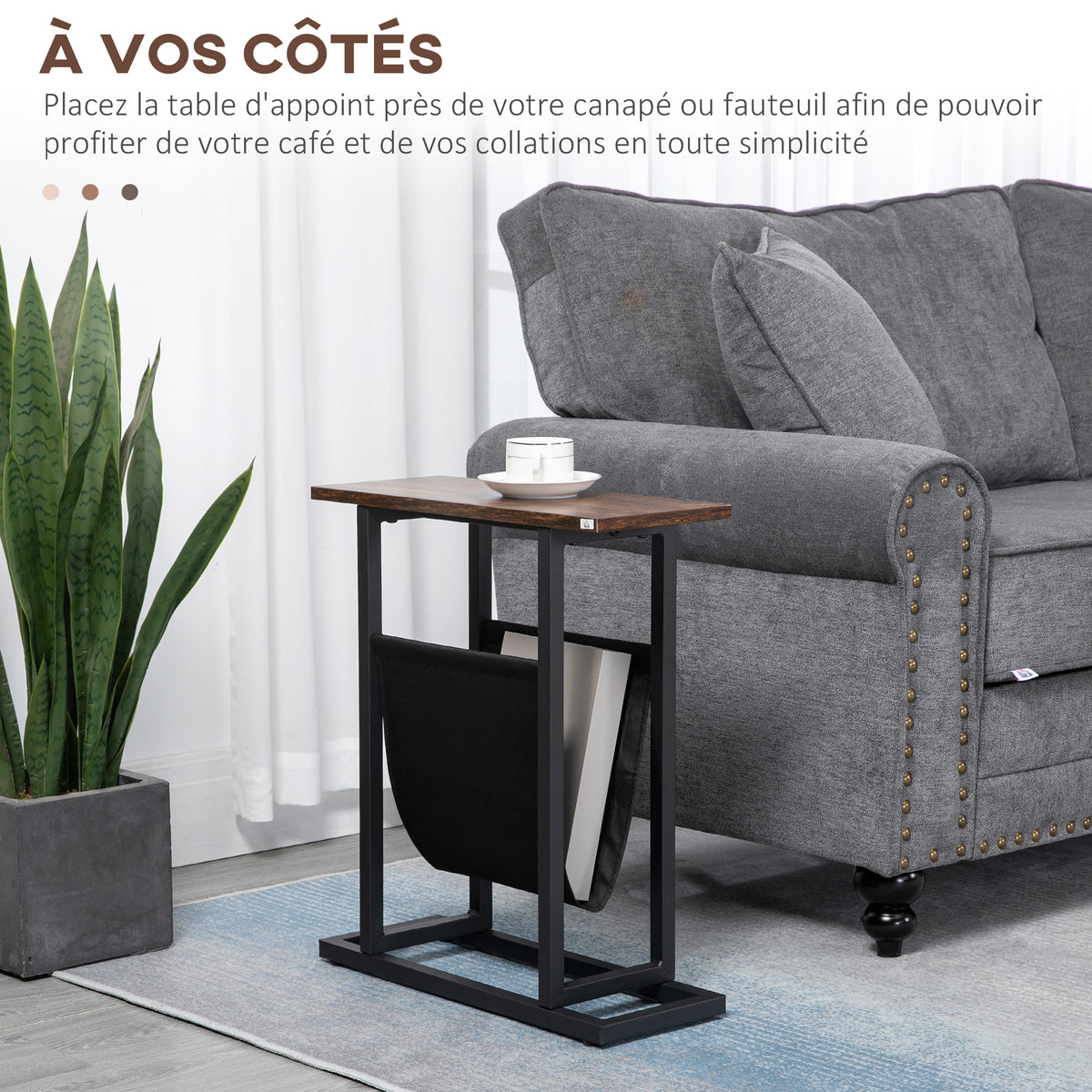 Table d'appoint bout de canapé avec porte-revues strucuture en acier design industriel 49 x 19 x 55 cm noir marron foncé-3