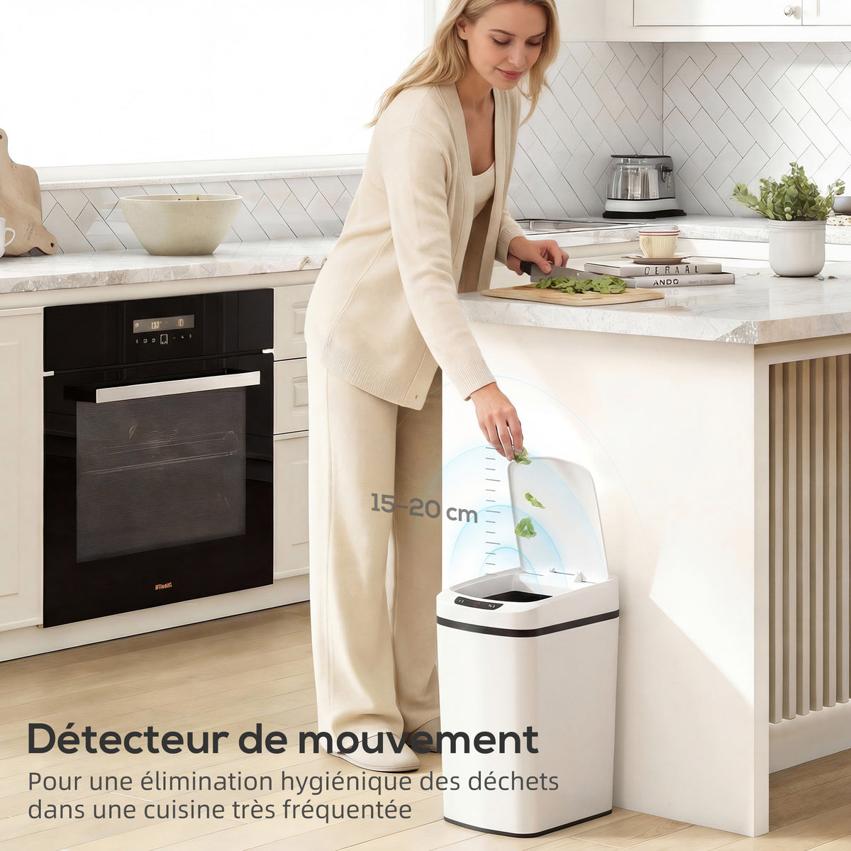 Poubelle de Cuisine Automatique 12 L en Acier Inoxydable, Poubelle à Capteur avec Couvercle, 28 x 22 x 41 cm, Blanc-3