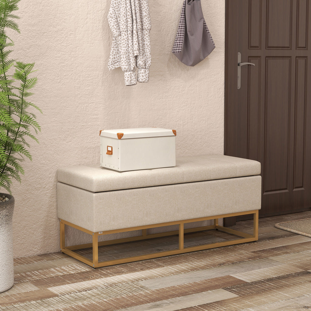 Banc banquette coffre de rangement 2 en 1 assise capitonnée et pieds acier 110 x 44 x 48 cm beige et doré-1