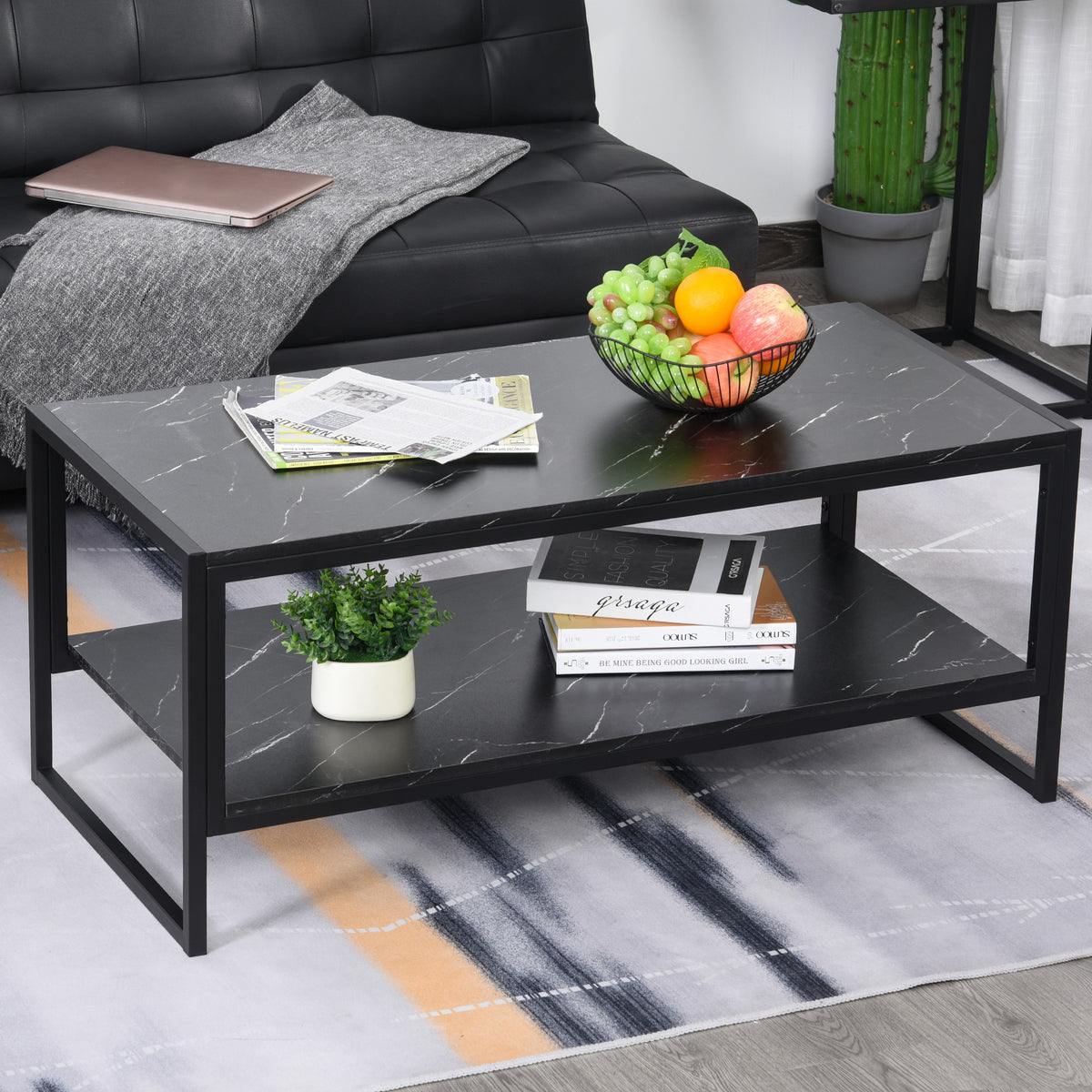 Table Basse Style Moderne avec 2 Étagères 106 x 50 x 47 cm Noir-9
