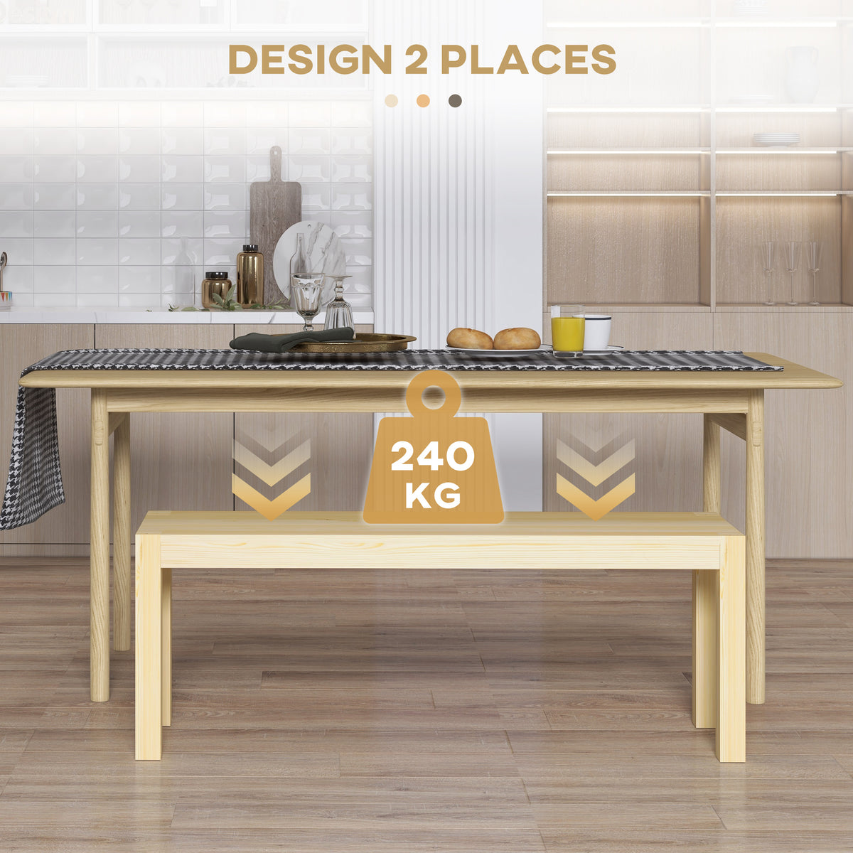 Banc de cuisine en bois massif 2 places, banc de salle à manger, charge 240 Kg, 120 x 33 x 45 cm, bois naturel-3
