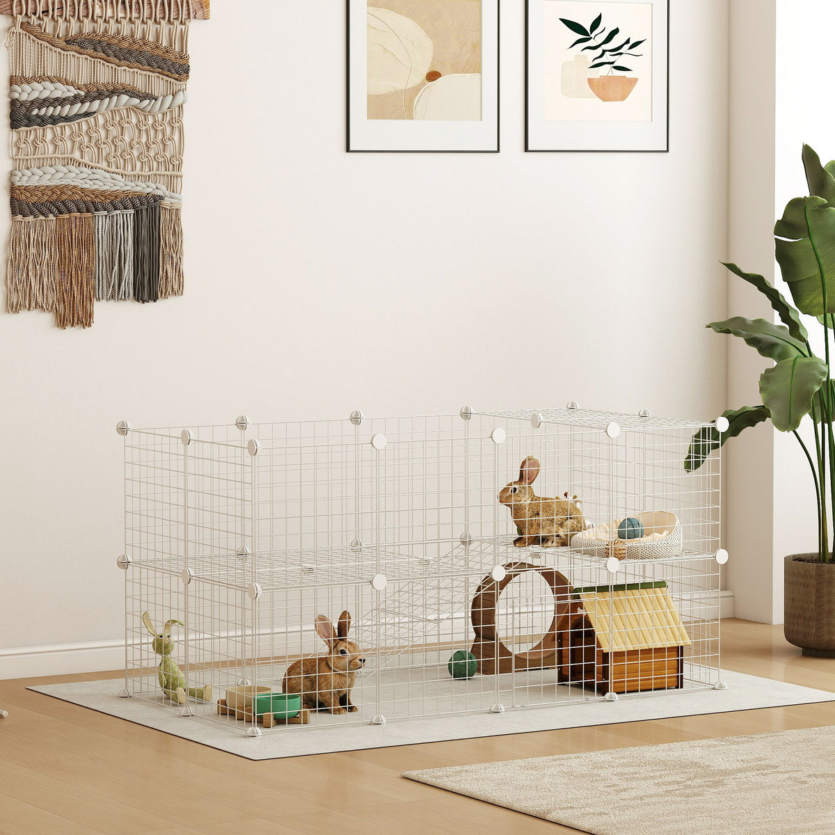 Cage parc clôture pour animaux domestiques enclos pour petits animaux modulable 2 niveaux fil en acier 146x73x73cm blanc-1