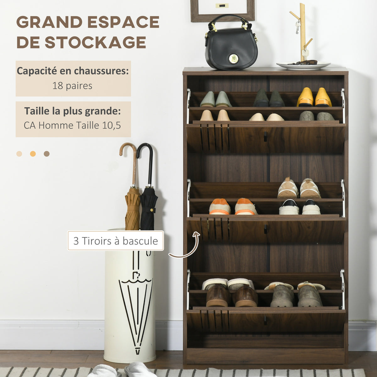 Meuble à chaussures à 3 abattants 18 paires grande capacité pour entrée couloir salon 63 x 24 x 117 cm noyer foncé-3