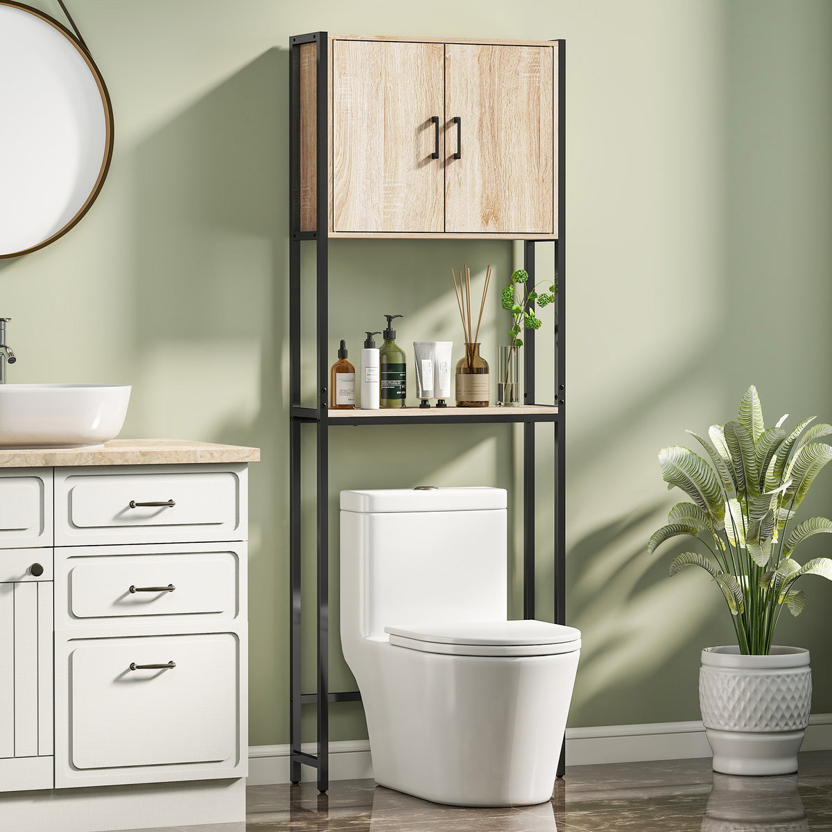 Étagère de toilettes meuble de salle de bain dessus toilette WC avec placard 2 portes et étagère ouverte-1