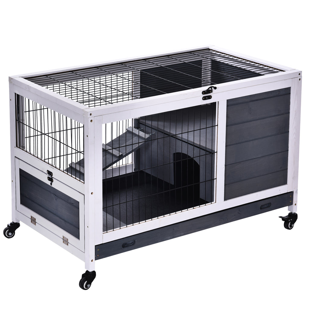 Clapier lapin intérieur, cage à lapins avec toit ouvrant, roulettes, plateau amovible et rampe, cage en bois, 90 x 53 x 59 cm, gris foncé et blanc-0