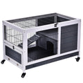 Clapier lapin intérieur, cage à lapins avec toit ouvrant, roulettes, plateau amovible et rampe, cage en bois, 90 x 53 x 59 cm, gris foncé et blanc-0