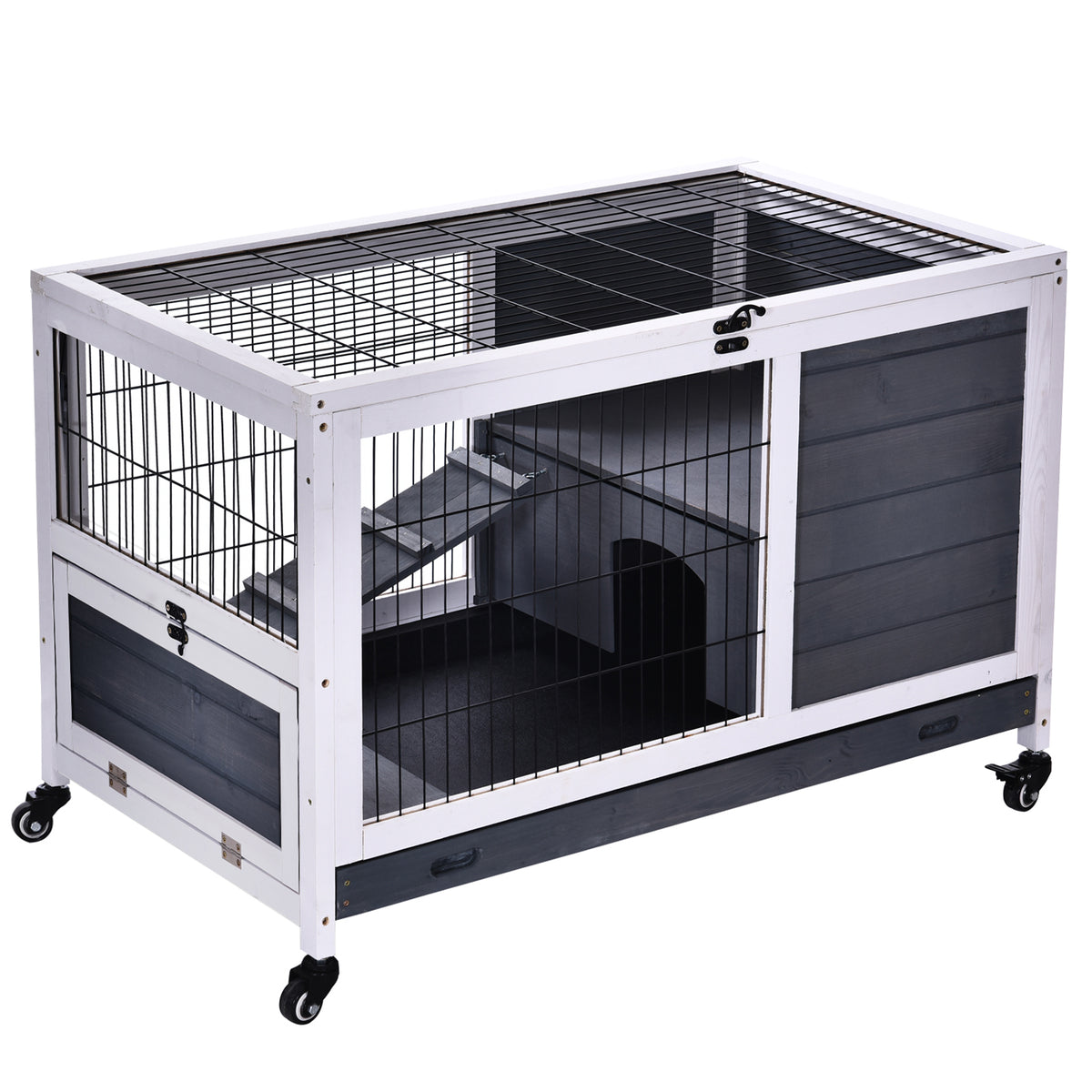 Clapier lapin intérieur, cage à lapins avec toit ouvrant, roulettes, plateau amovible et rampe, cage en bois, 90 x 53 x 59 cm, gris foncé et blanc-0