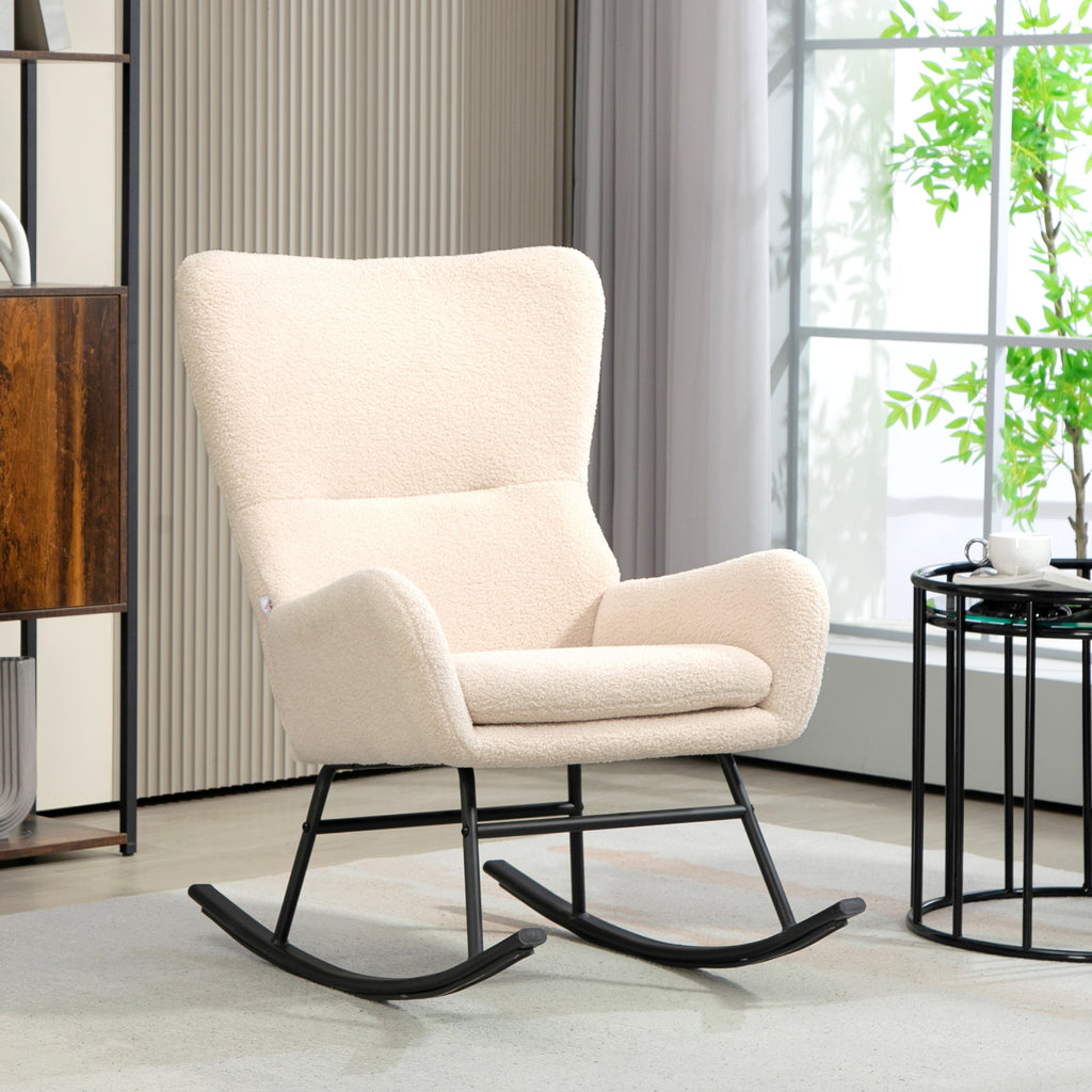Fauteuil à bascule, chaise à bascule, avec assise de 10 cm d'épaisseur, pieds incurvés en acier, beige et noir-1