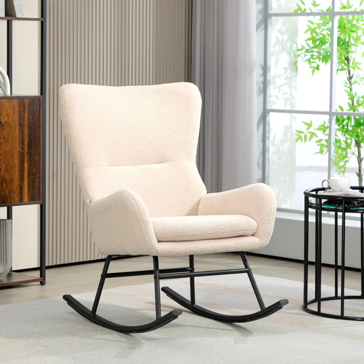 Fauteuil à bascule, chaise à bascule, avec assise de 10 cm d'épaisseur, pieds incurvés en acier, beige et noir-1
