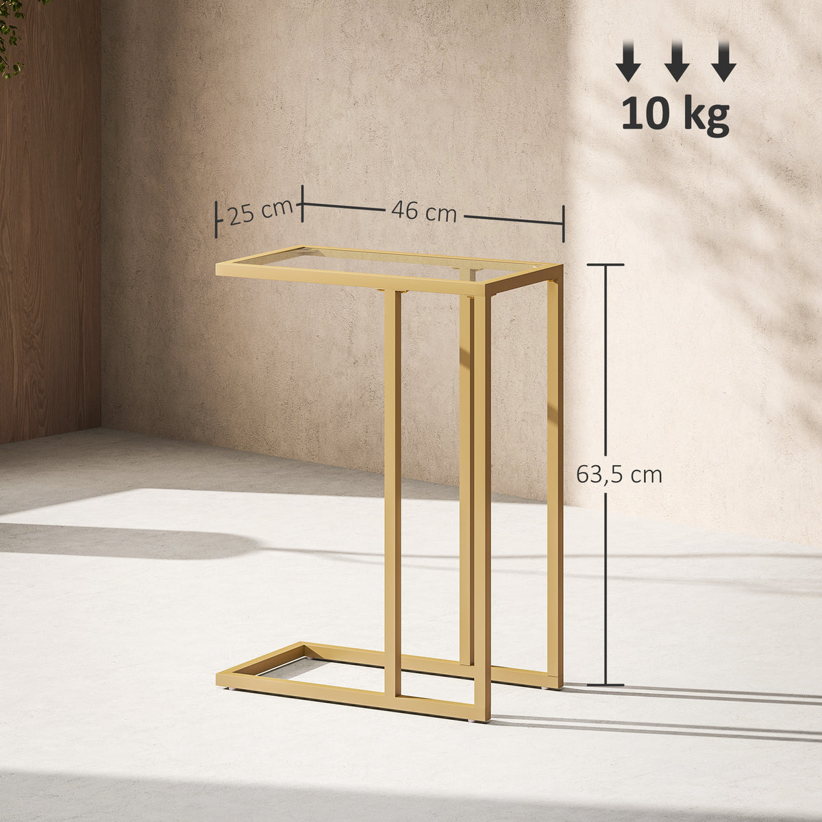 Table d'appoint en forme de C avec plateau en verre trempé, cadre en acier, doré-2
