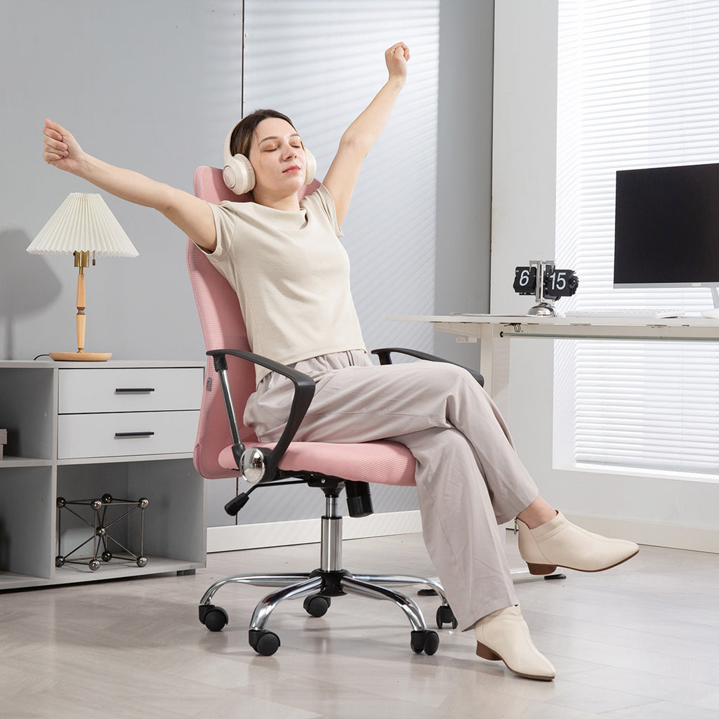 Fauteuil de bureau manager dossier ergonomique hauteur assise réglable pivotant tissu maille 63x65x119109-119cm rose-7