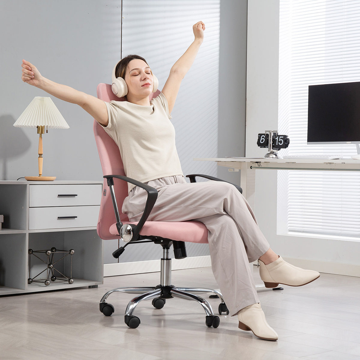 Fauteuil de bureau manager dossier ergonomique hauteur assise réglable pivotant tissu maille 63x65x119109-119cm rose-7