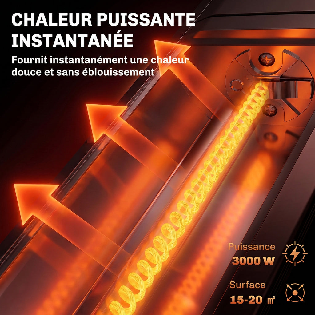 Radiateur Infrarouge 3000W Mural IP65, Télécommande, Écran LED, Minuterie, 9 Niveaux, 102,4 x 10 x 5,5 cm, Noir-3