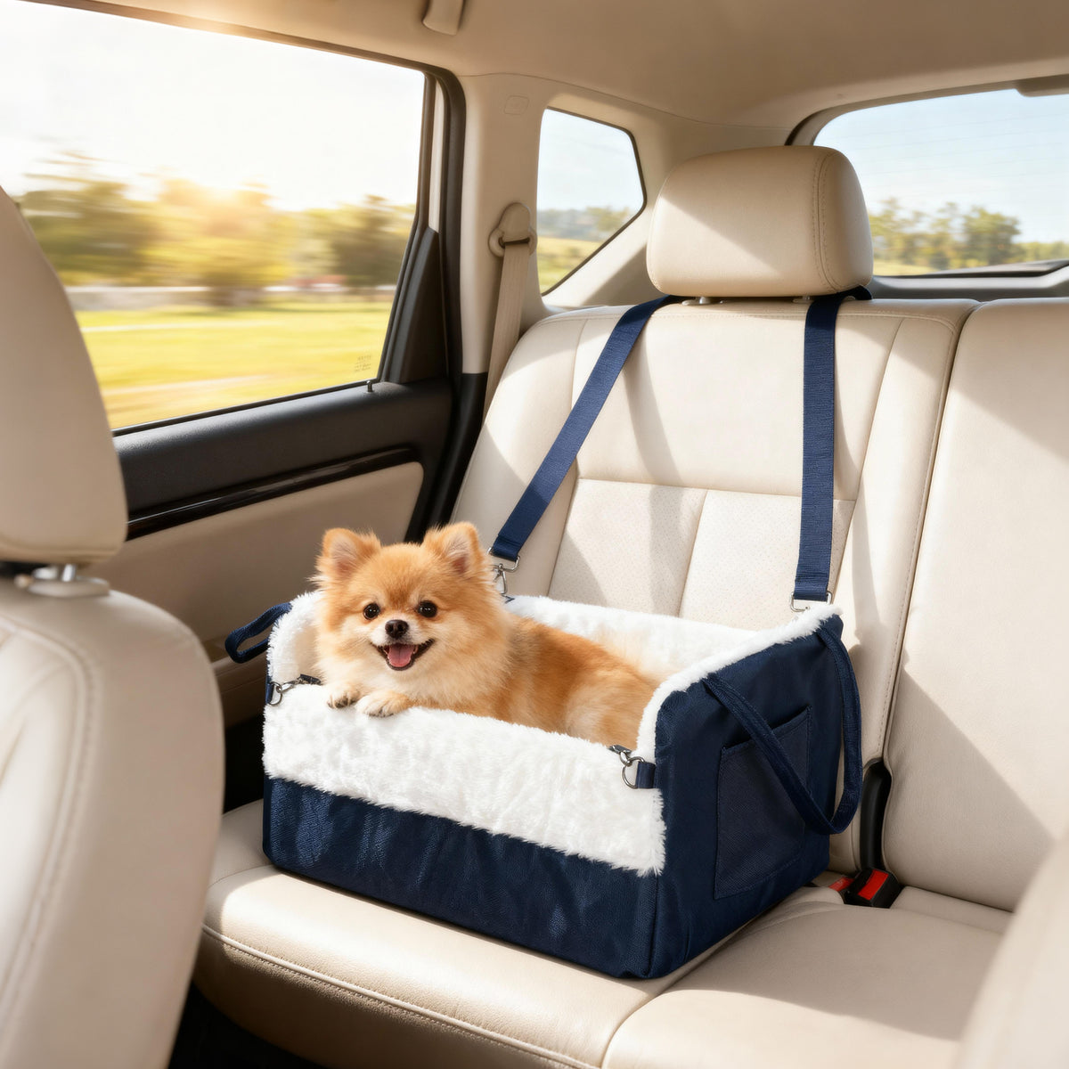Siège auto pour chien avec ceinture de sécurité et fixation, siège de voiture pour chiens 55 x 46 x 32 cm bleu marine-1